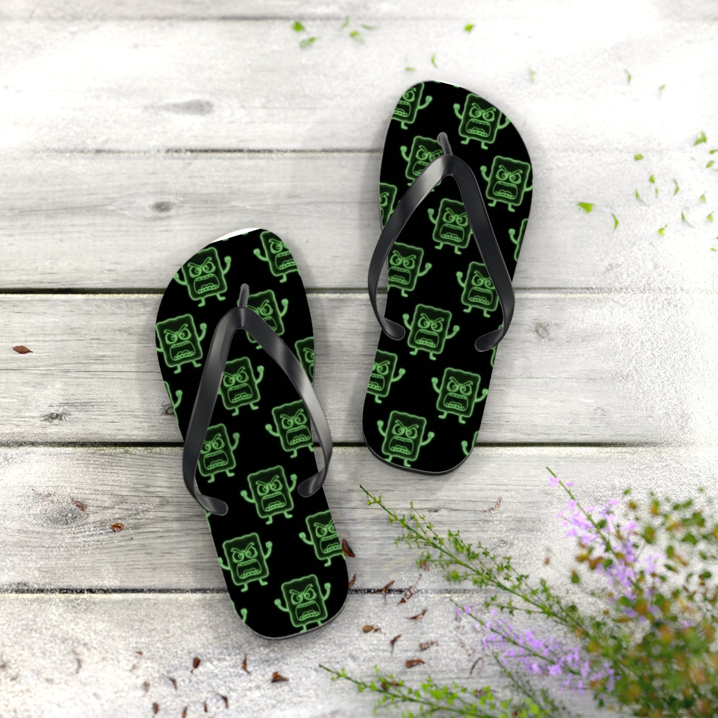 Mad Cobbler Pattern Flip Flops — Neon Green Cartoon Skull Beach Sandals