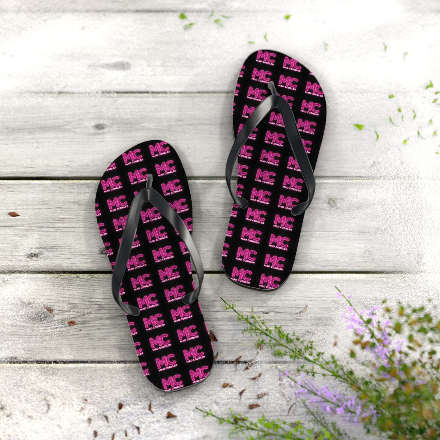 MC Pattern Flip Flops — Black & Pink Logo Beach Sandals