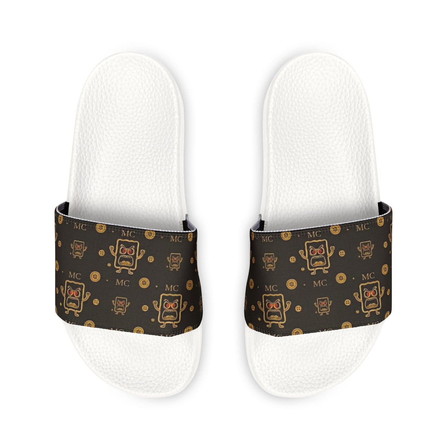 Slide Sandals — Brown Retro MC Pixel Robot Pattern, Removable Strap Casual Pool & Beach Slides