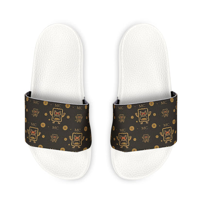 Slide Sandals — Brown Retro MC Pixel Robot Pattern, Removable Strap Casual Pool & Beach Slides
