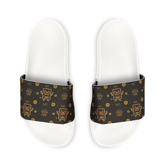 Slide Sandals — Brown Retro MC Pattern, Removable Strap Casual Pool & Beach Slides