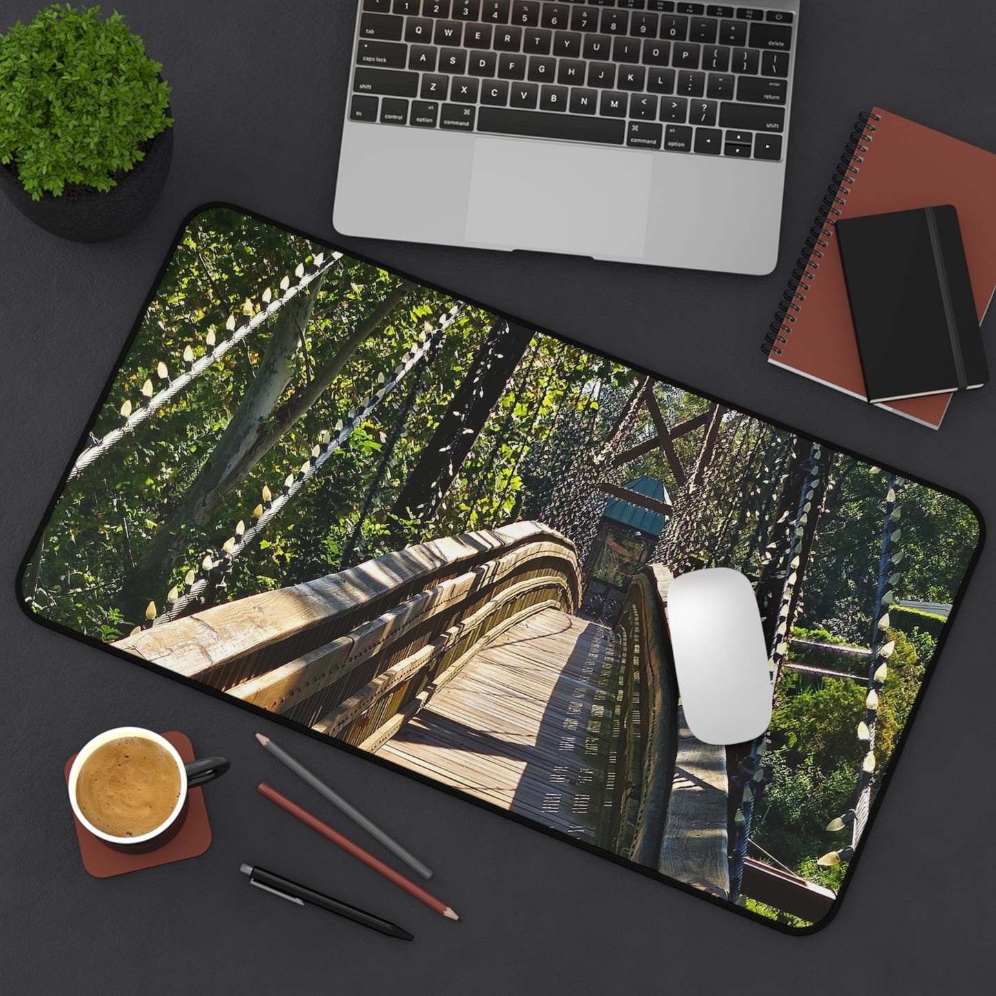 Rustic Woodland Suspension Bridge Desk Mat — Nature Landscape Mouse Pad for Office & Home