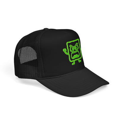 Mad Cobbler Square Foam Trucker Hat — Neon Green Cartoon Patch Cap