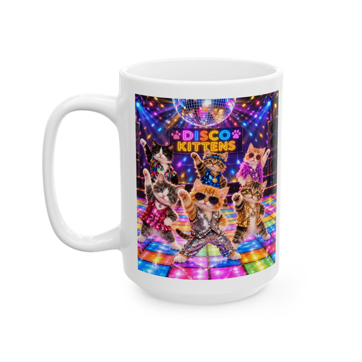 Disco Kittens Ceramic Mug (11oz/15oz) — Retro Dance Floor Party Coffee Cup
