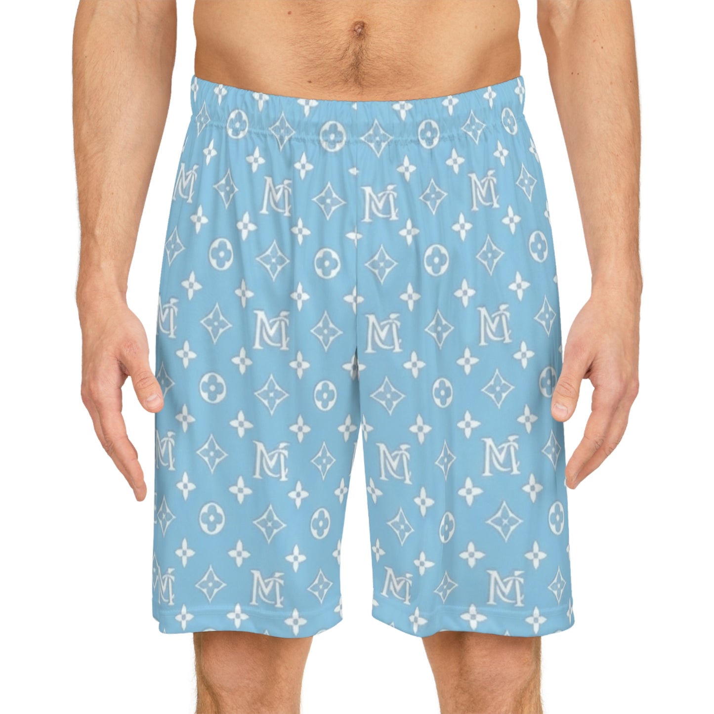 Blue Monogram Pattern Basketball Shorts – All-Over Print Casual Athletic Shorts