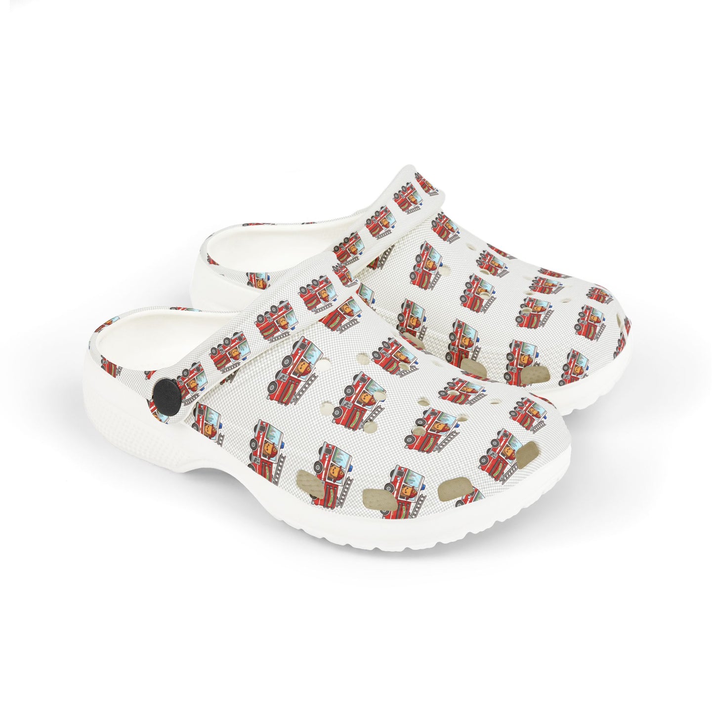 Kids Fire Truck Clogs — White Foam Slip‑On Shoes with Fire Engine Print