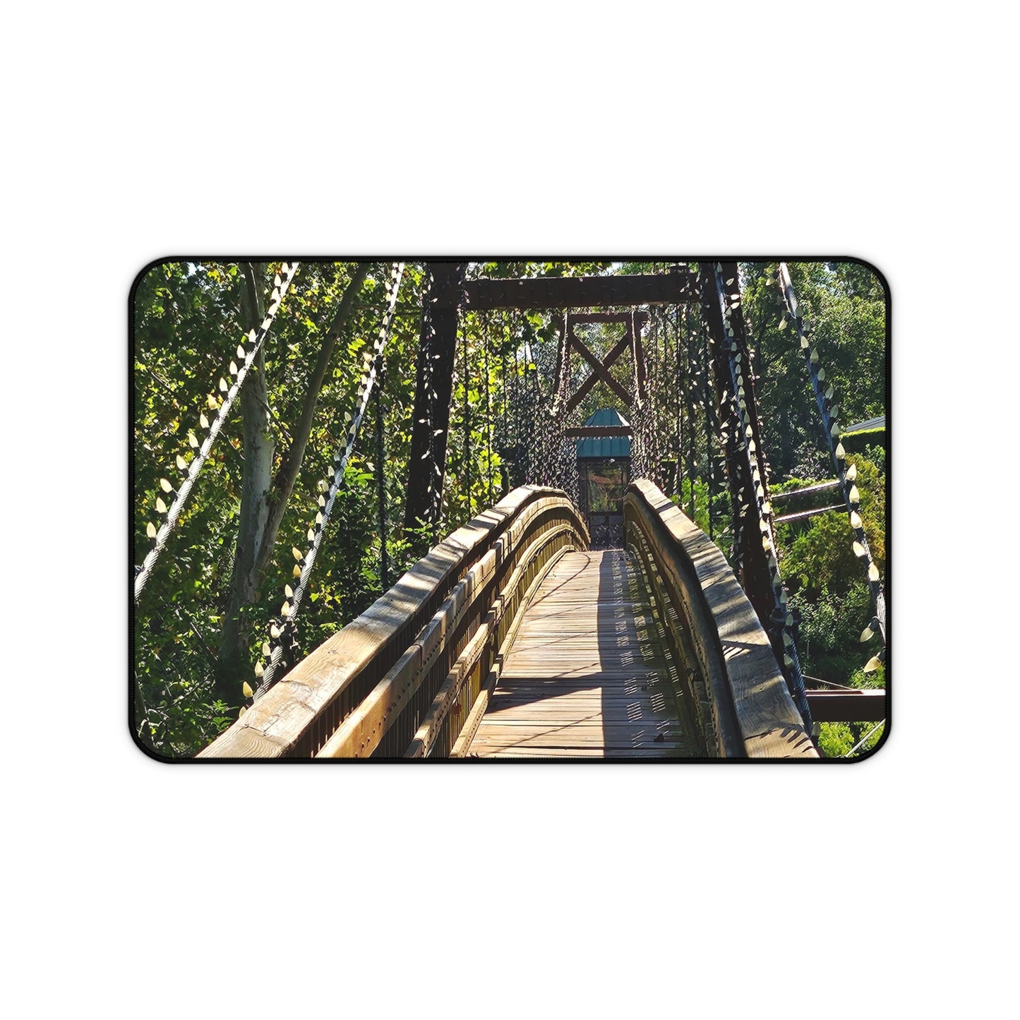 Rustic Woodland Suspension Bridge Desk Mat — Nature Landscape Mouse Pad for Office & Home
