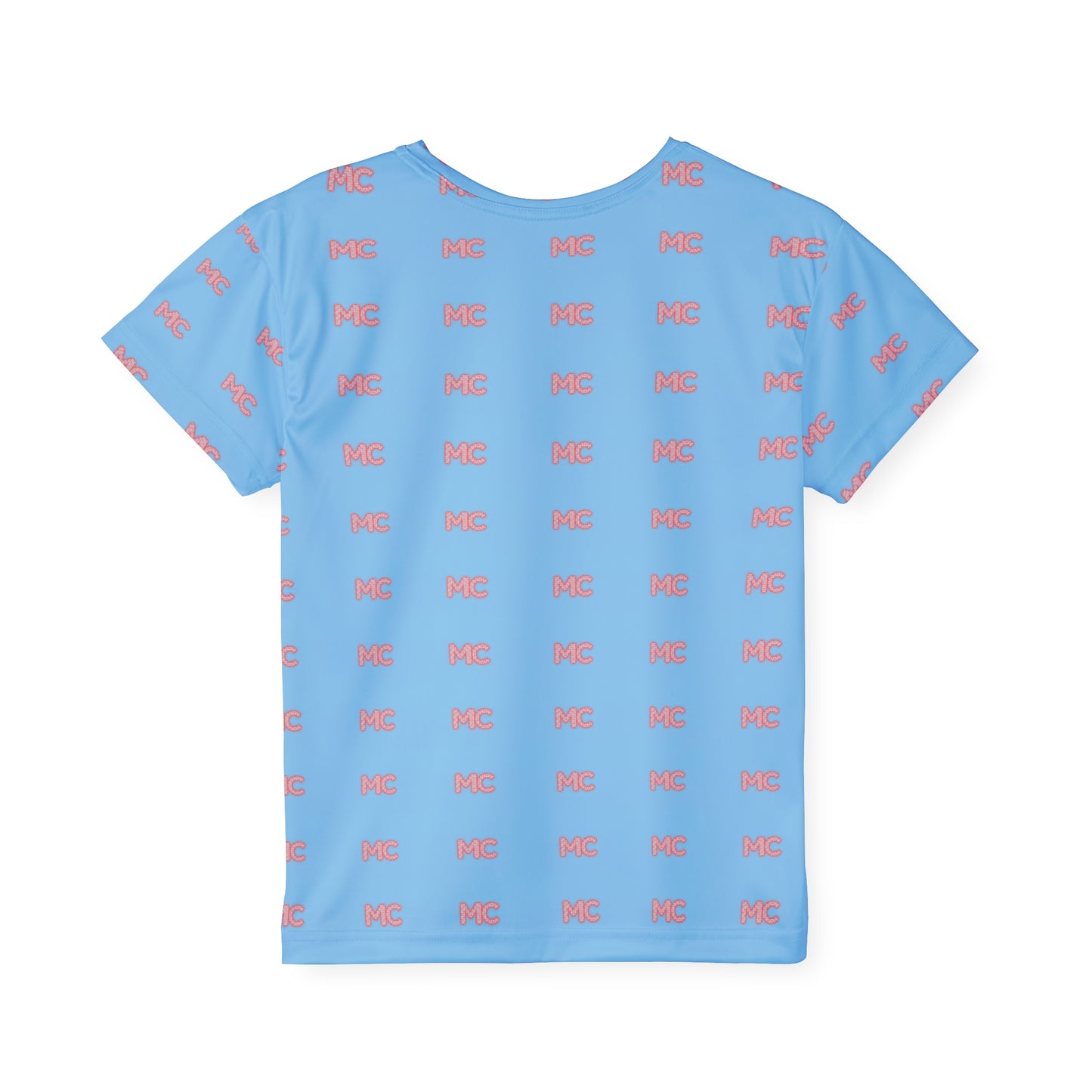 Kids Sports Jersey — Blue All-Over Print with Pink 'MC' Logo Pattern