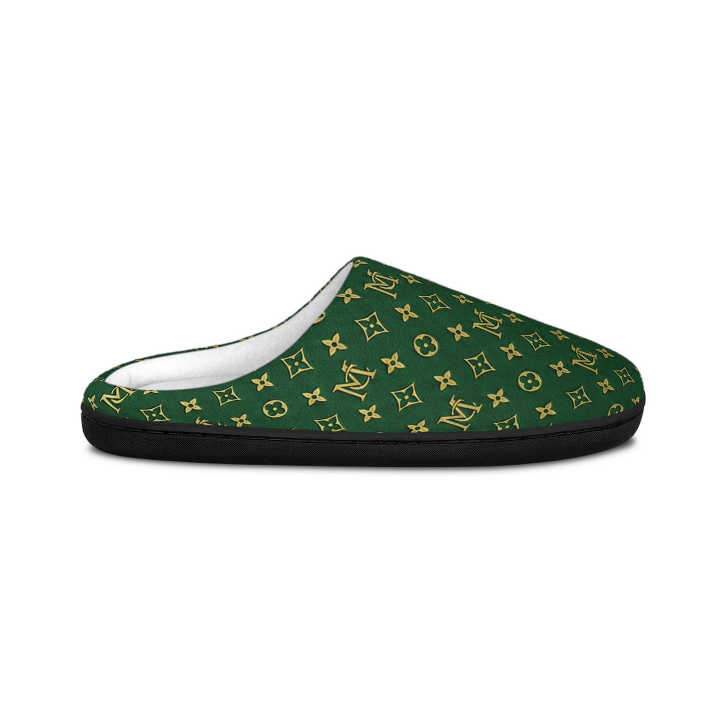 Men's Green Monogram Indoor Slippers — Luxury Pattern Cozy House Shoes
