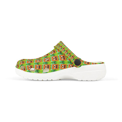 Kids Foam Clogs — Green Cartoon Mad Cobbler All-Over Print Comfortable Sandals