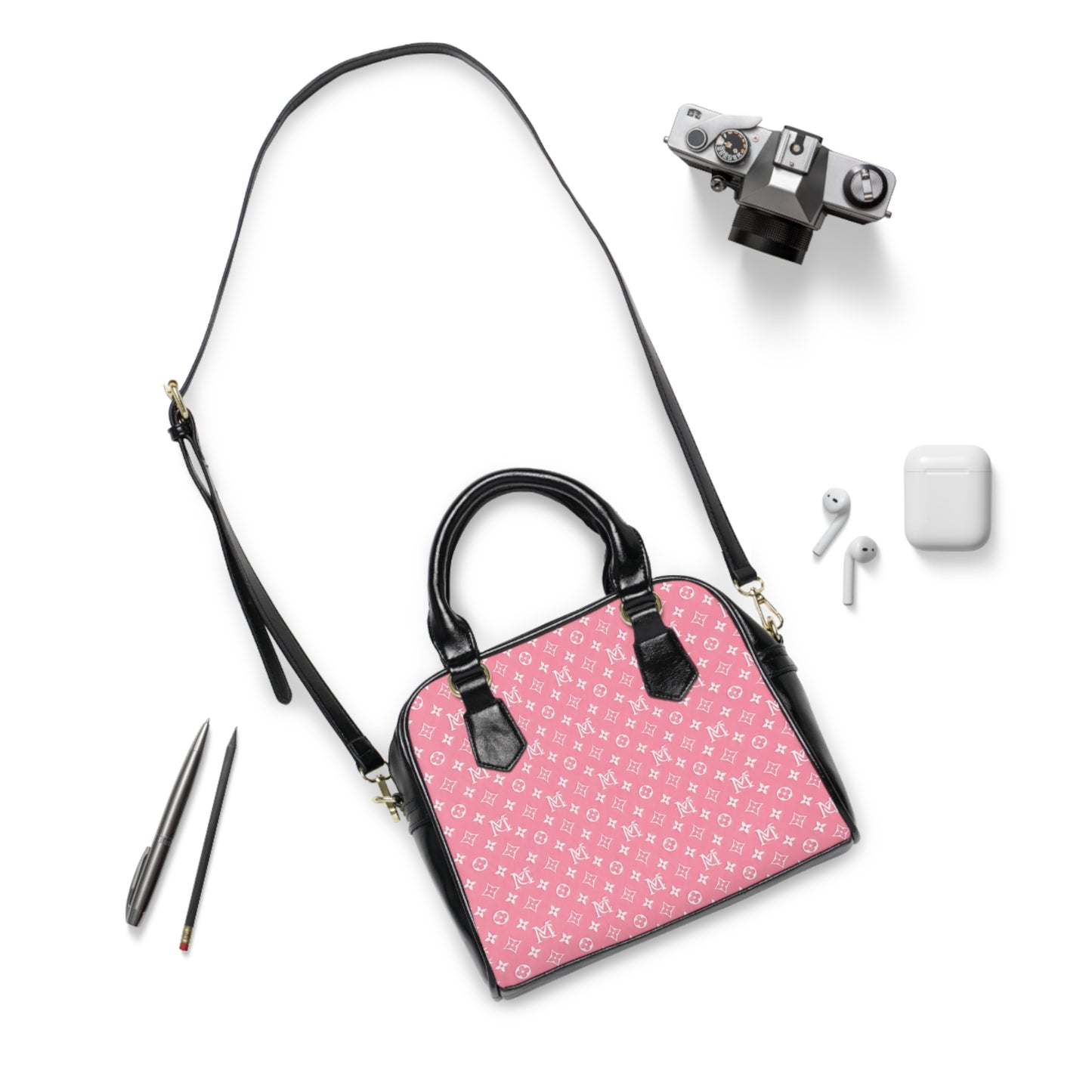Pink Monogram Shoulder Handbag — Patterned Designer-Style Purse