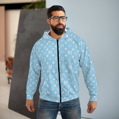 Blue MC Pattern Zip Hoodie — All-Over Print Casual Streetwear