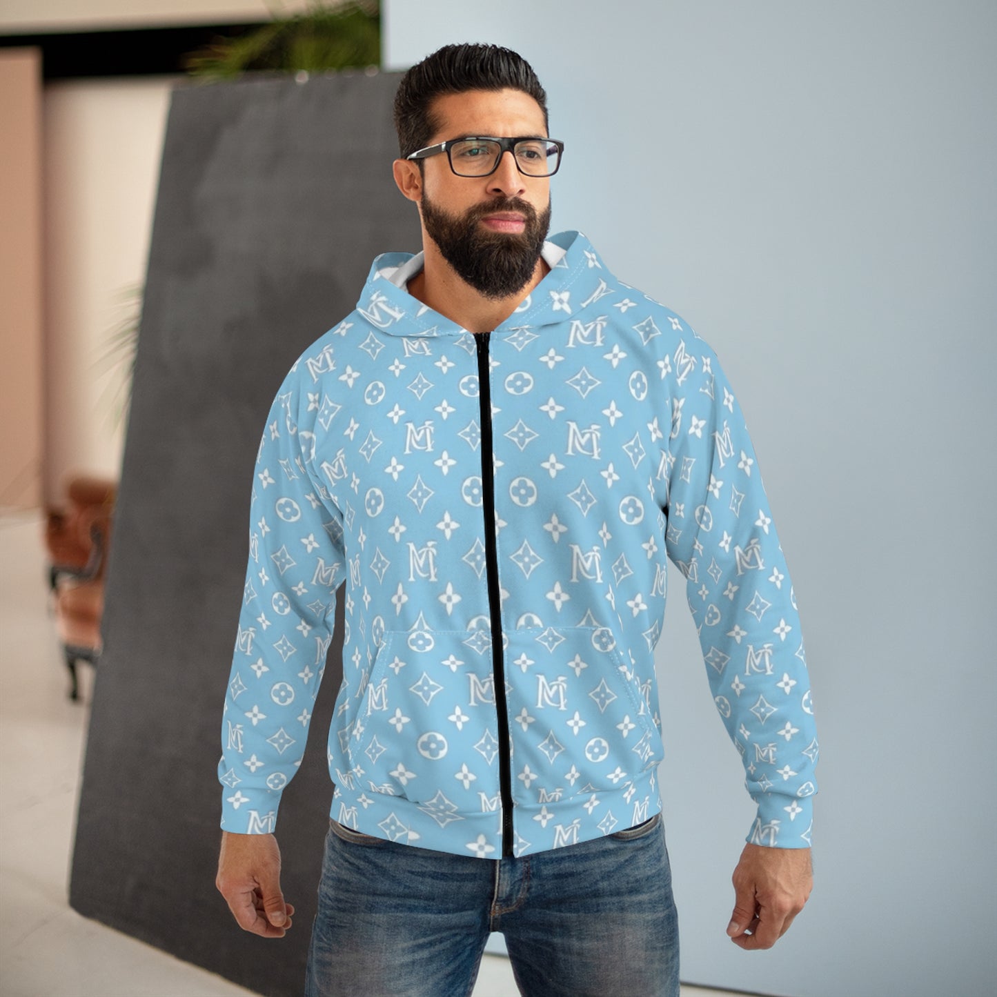 Blue MC Pattern Zip Hoodie — All-Over Print Casual Streetwear