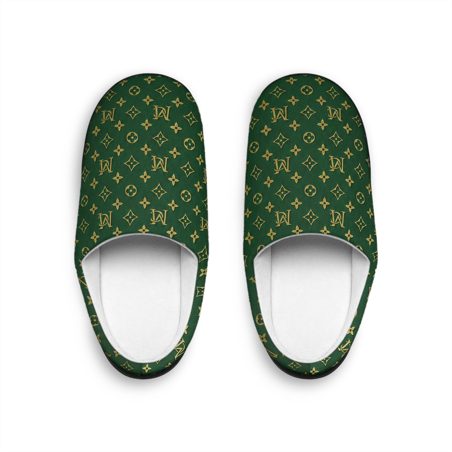 Men's Green Monogram Indoor Slippers — Luxury Pattern Cozy House Shoes