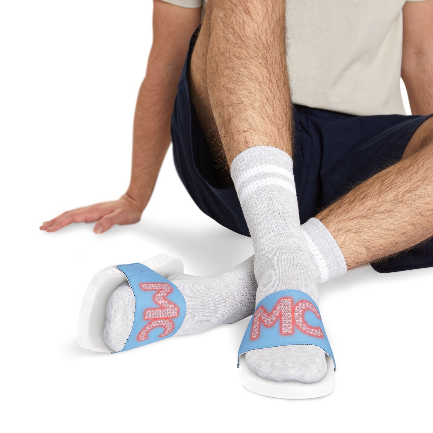 Men's Slide Sandals — Blue 'MC' Logo Adjustable Strap Casual Pool & Lounge Slides