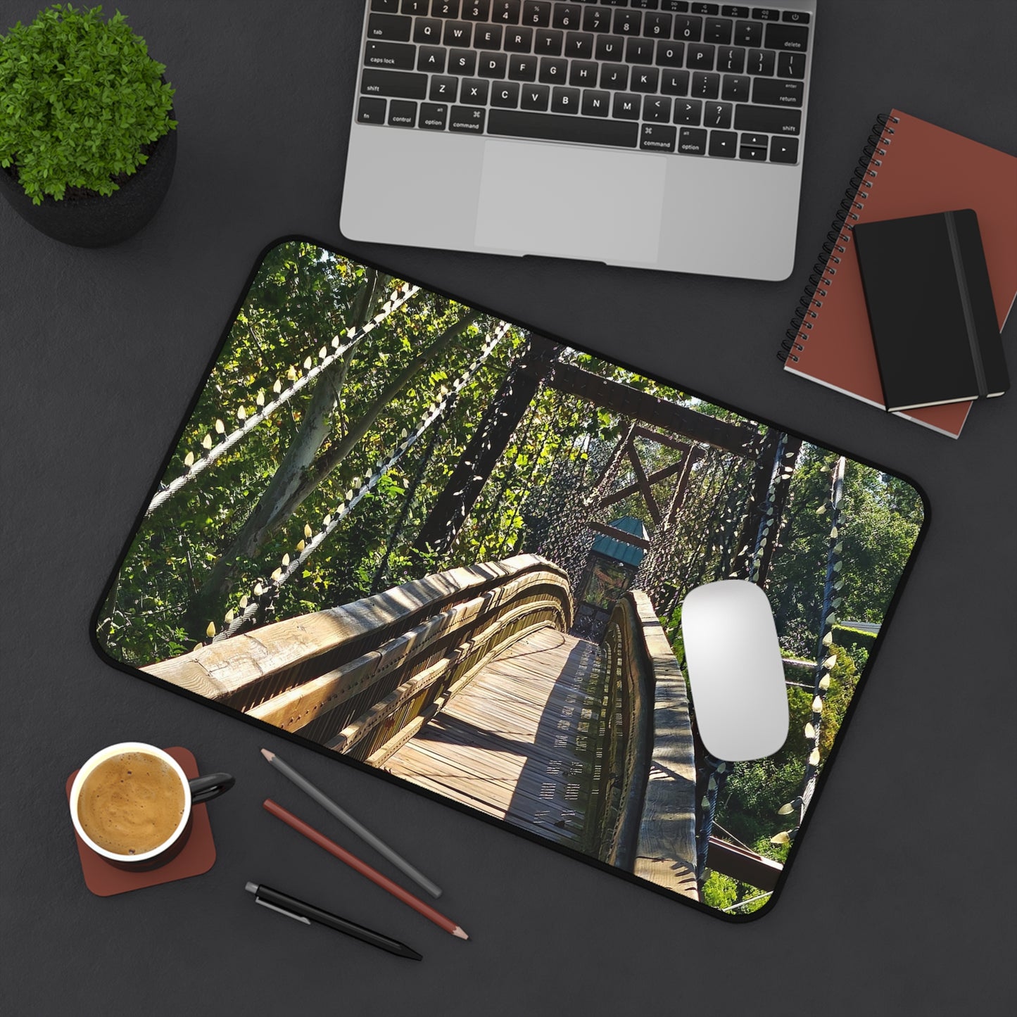 Rustic Woodland Suspension Bridge Desk Mat — Nature Landscape Mouse Pad for Office & Home