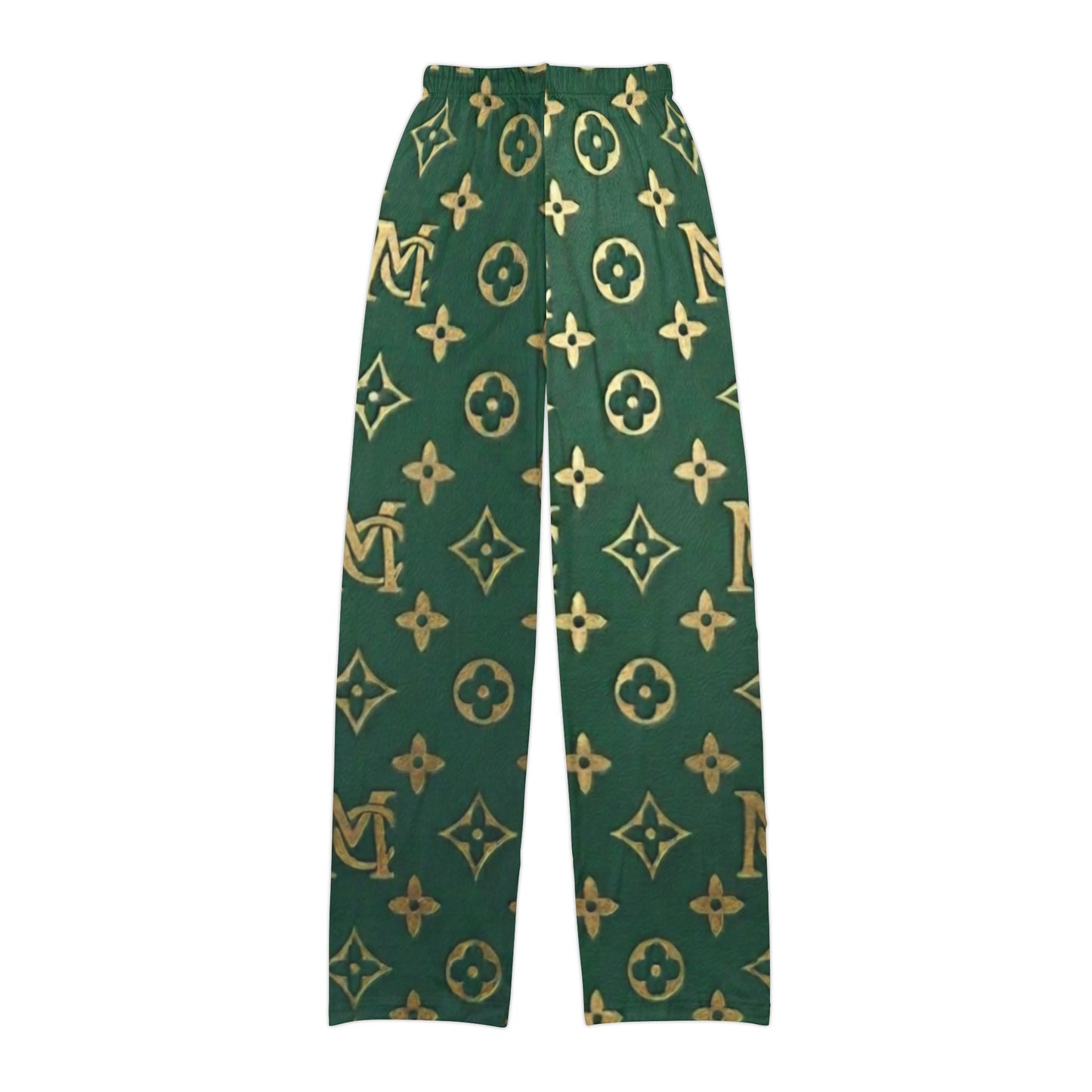 Kids Green Gold Monogram Lounge Pants — Patterned All-Over Print Pajama Bottoms