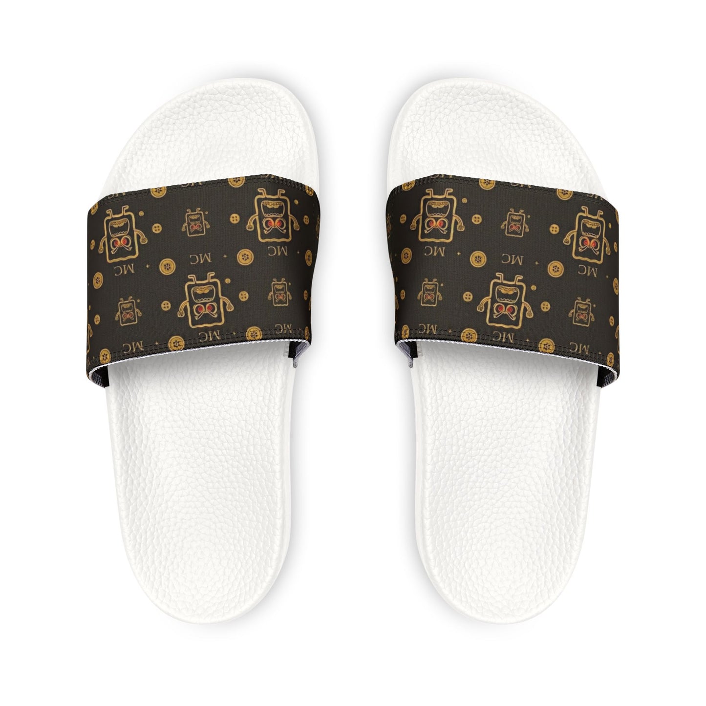 Slide Sandals — Brown Retro MC Pixel Robot Pattern, Removable Strap Casual Pool & Beach Slides