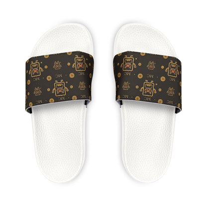 Slide Sandals — Brown Retro MC Pixel Robot Pattern, Removable Strap Casual Pool & Beach Slides