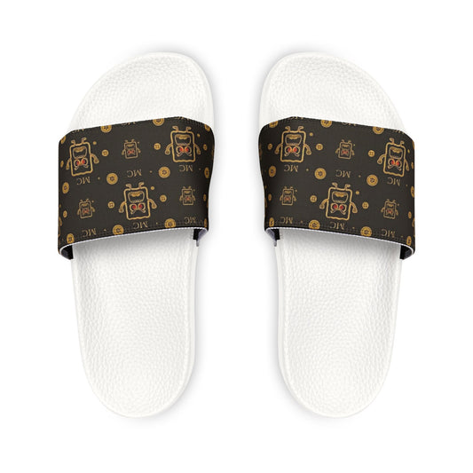Slide Sandals — Brown Retro MC Pattern, Removable Strap Casual Pool & Beach Slides
