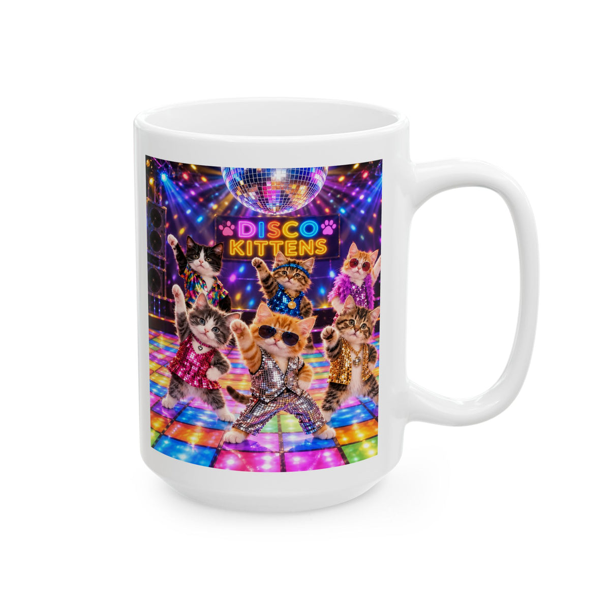 Disco Kittens Ceramic Mug (11oz/15oz) — Retro Dance Floor Party Coffee Cup