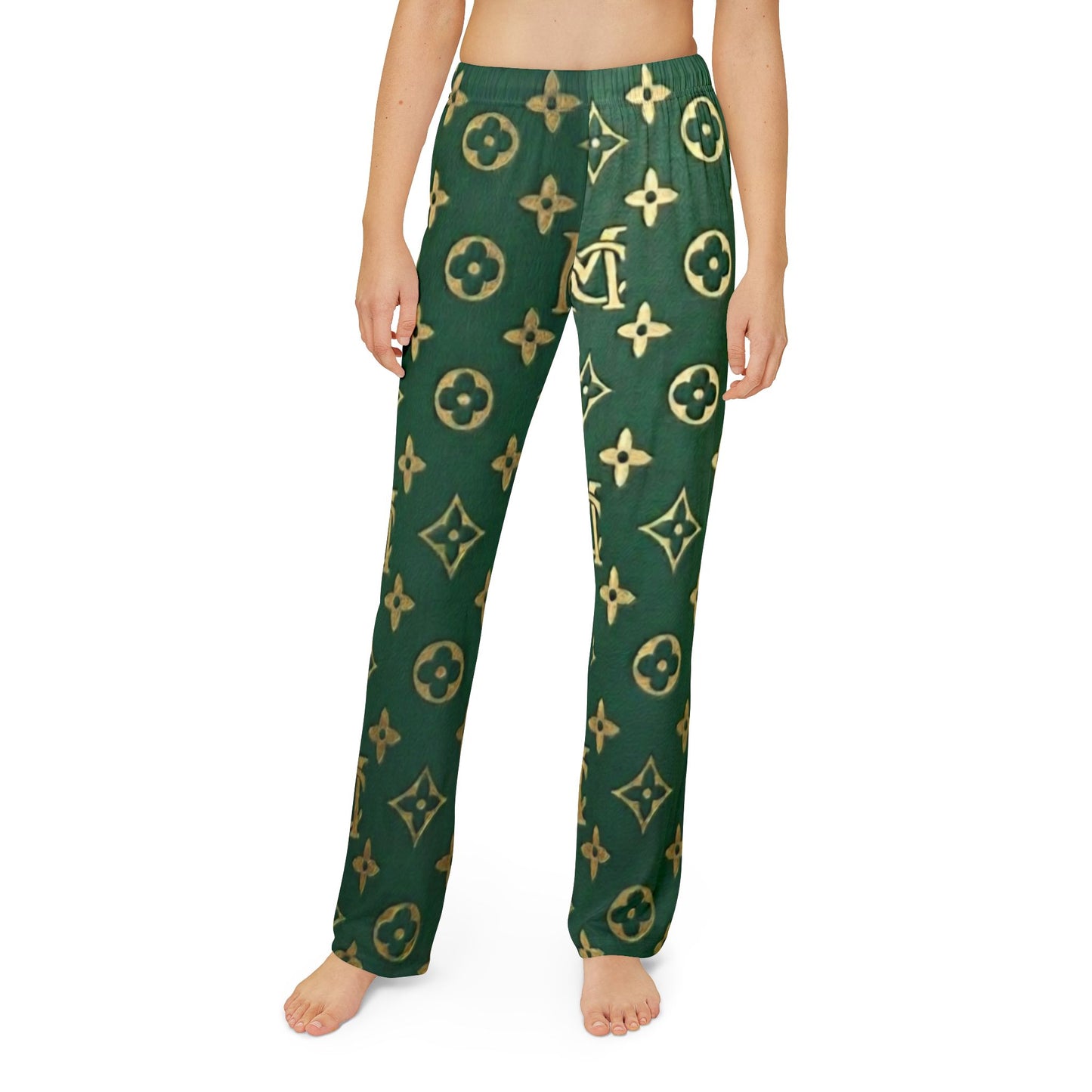 Kids Green Gold Monogram Lounge Pants — Patterned All-Over Print Pajama Bottoms