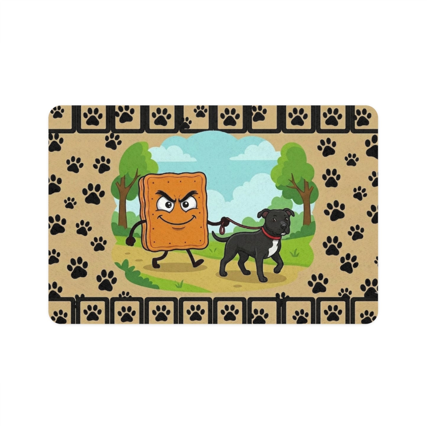 Pet Food Mat — Funny Walking Mad Cobbler & Dog Paw Print Placemat (12x18)