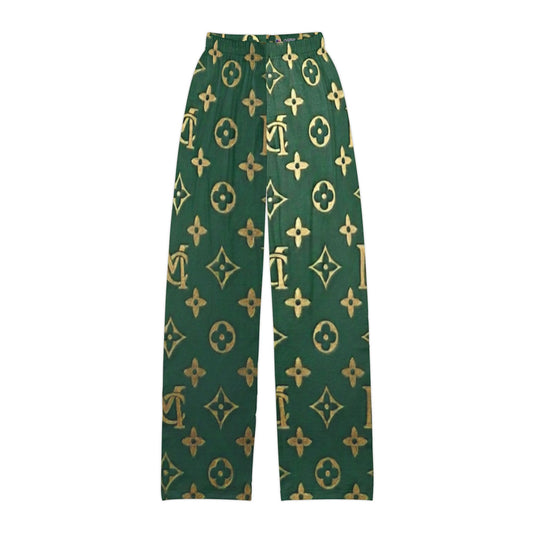Kids Green Gold Monogram Lounge Pants — Patterned All-Over Print Pajama Bottoms