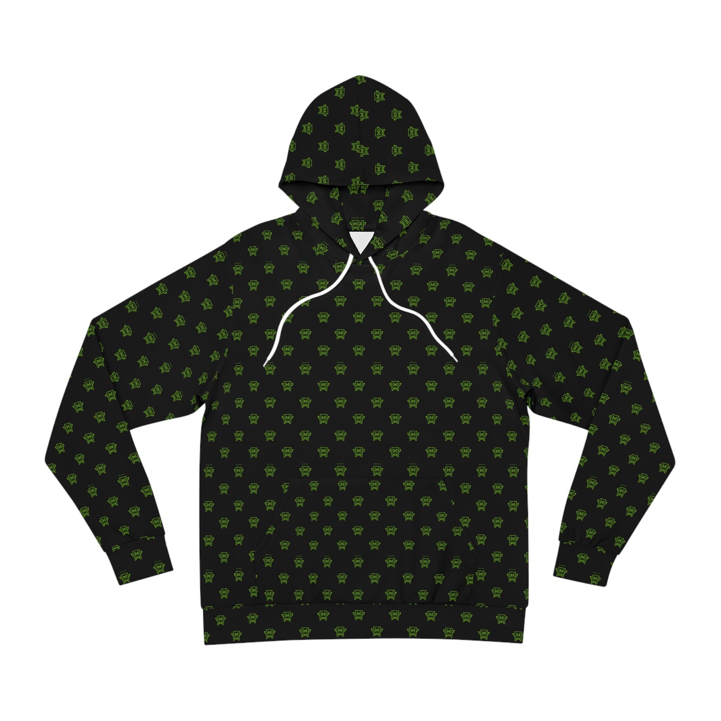 Black Hoodie with Green Mad Cobbler Pattern – All-Over Print Fashion Hoodie