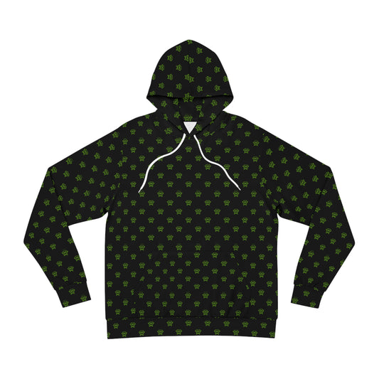 Black Hoodie with Green Mad Cobbler Pattern – All-Over Print Fashion Hoodie