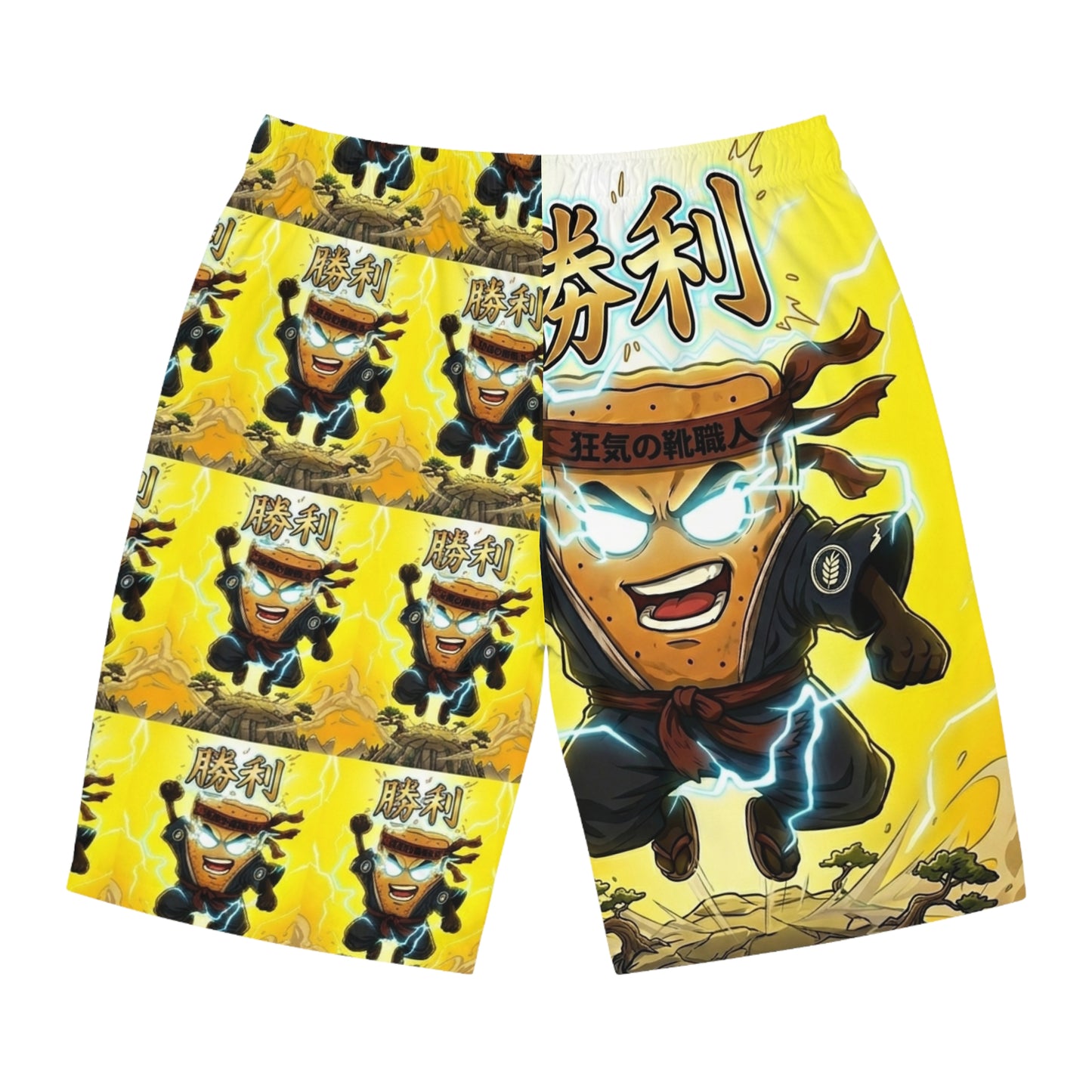 Victory Mad Cobbler Board Shorts — Anime-Style Energetic Yellow Swim Trunks