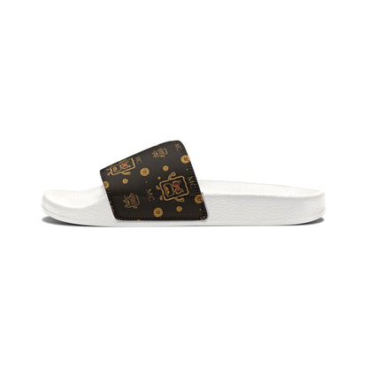 Slide Sandals — Brown Retro MC Pixel Robot Pattern, Removable Strap Casual Pool & Beach Slides