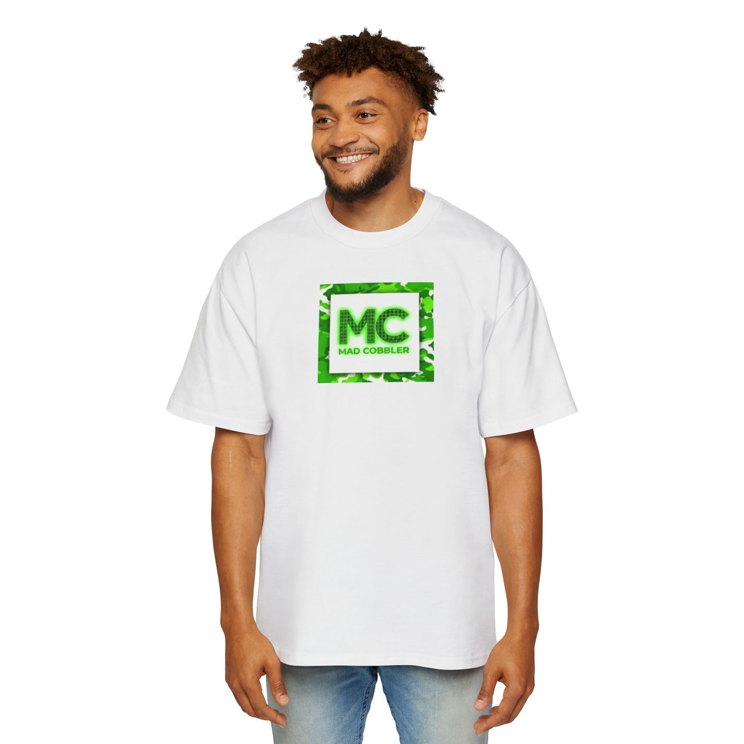 Graphic Tee — Neon Green 'MC' Logo & Angry Cartoon Back