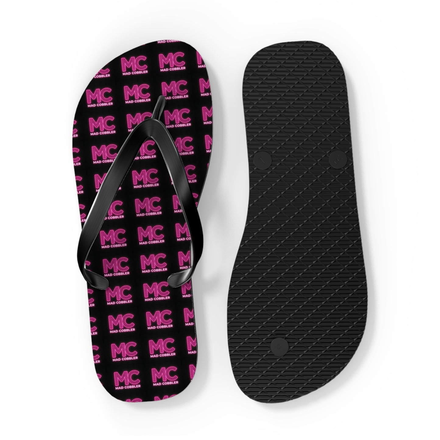 MC Pattern Flip Flops — Black & Pink Logo Beach Sandals