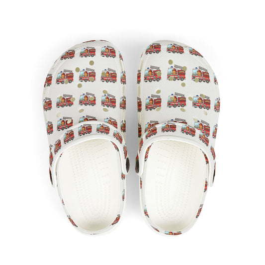 Kids Fire Truck Clogs — White Foam Slip‑On Shoes with Fire Engine Print