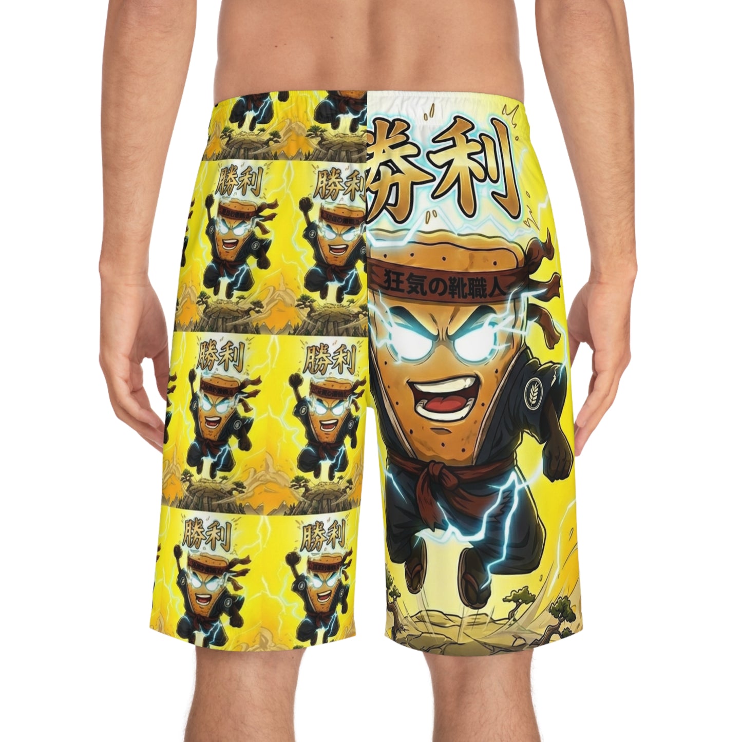 Victory Mad Cobbler Board Shorts — Anime-Style Energetic Yellow Swim Trunks
