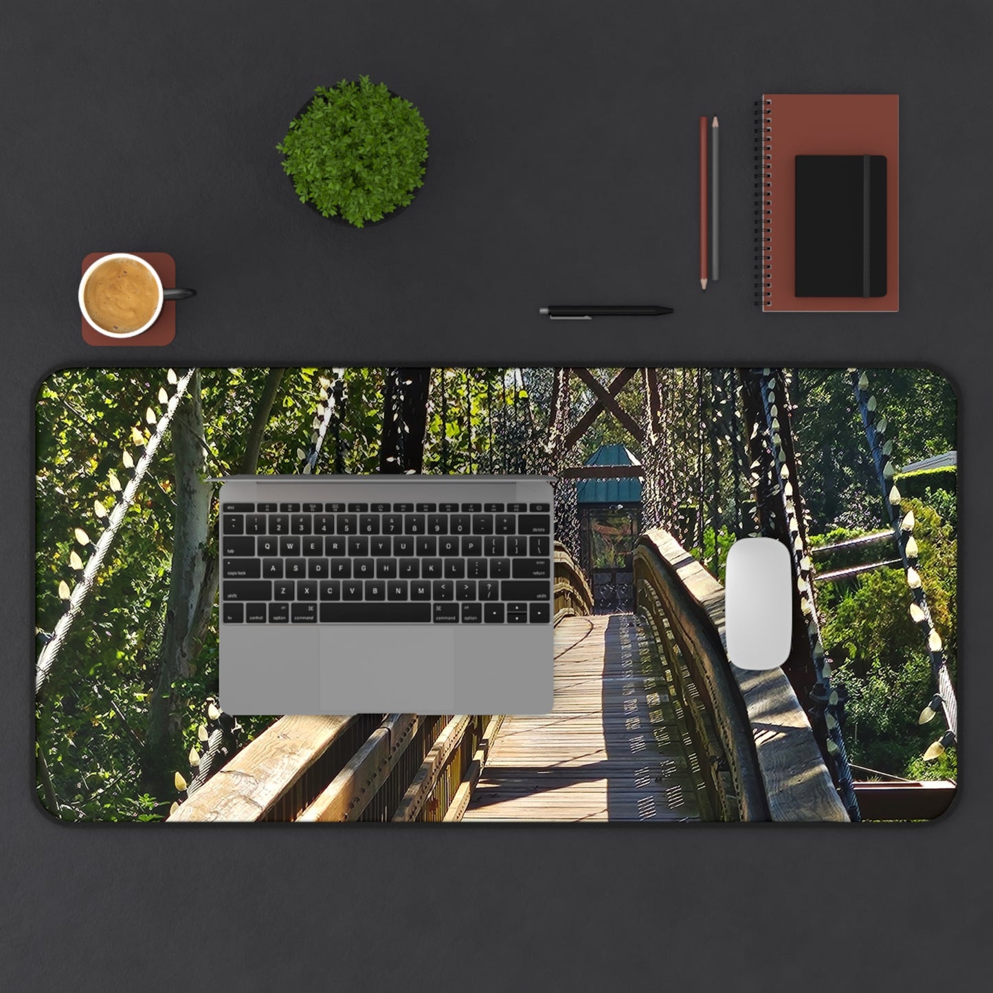 Rustic Woodland Suspension Bridge Desk Mat — Nature Landscape Mouse Pad for Office & Home