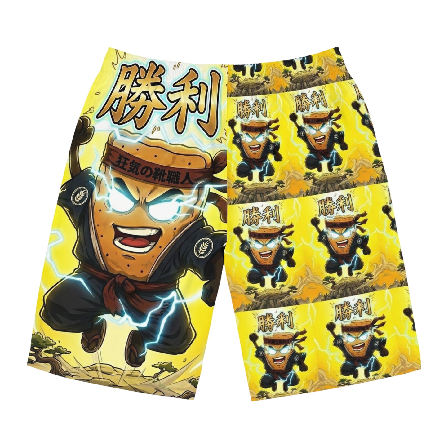 Victory Mad Cobbler Board Shorts — Anime-Style Energetic Yellow Swim Trunks