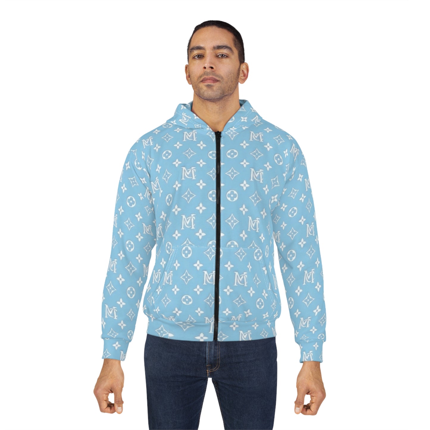 Blue MC Pattern Zip Hoodie — All-Over Print Casual Streetwear