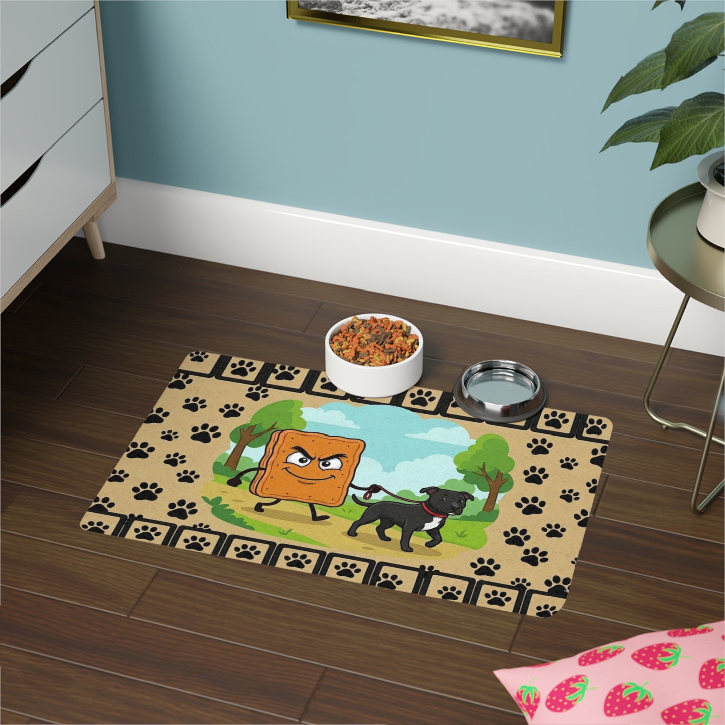 Pet Food Mat — Funny Walking Mad Cobbler & Dog Paw Print Placemat (12x18)