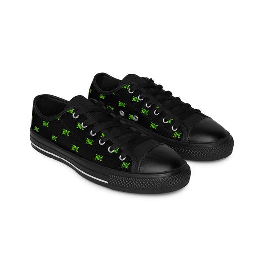 Men's Black Canvas Sneakers with Green Monogram Pattern