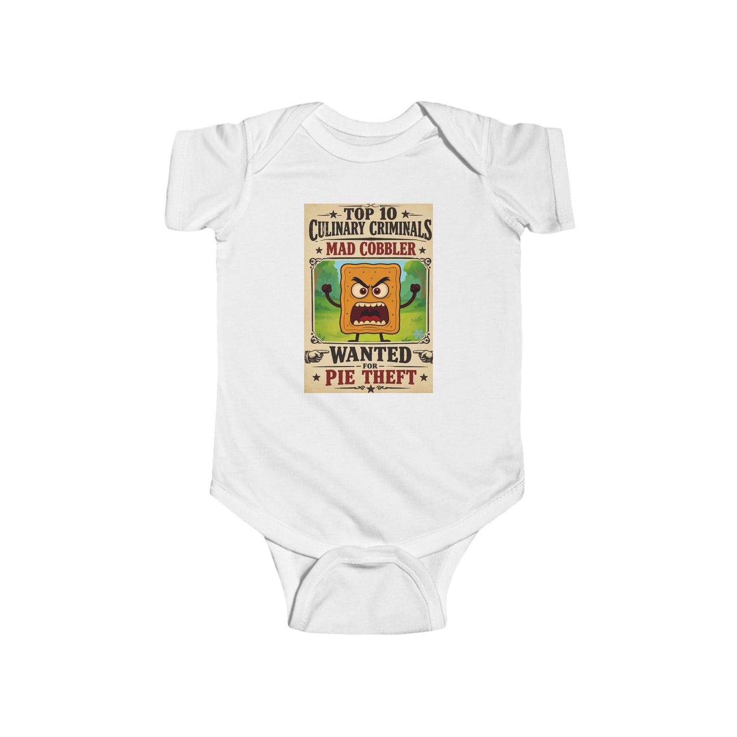 Infant Bodysuit – "Top 10 Culinary Criminals" Mad Cobbler Wanted Pie Theft Vintage Baby Onesie
