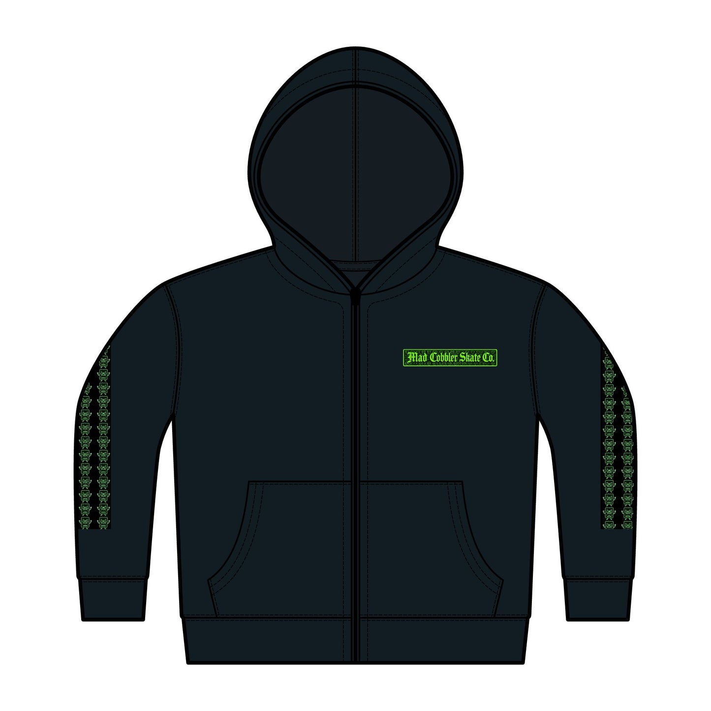 Toddler Zip Hoodie - Mad Cobbler Skate Co kids Fleece Full-Zip with Neon Green Logo
