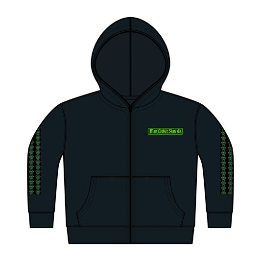 Toddler Zip Hoodie - Mad Cobbler Skate Co kids Fleece Full-Zip with Neon Green Logo
